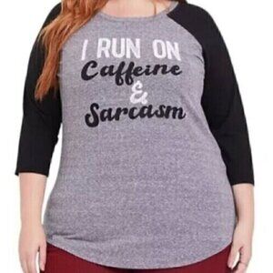 🆕️ TORRID 2 Plus Triblend Raglan 3/4 Sleeve Tee Caffeine Sarcasm Gray Black 2X